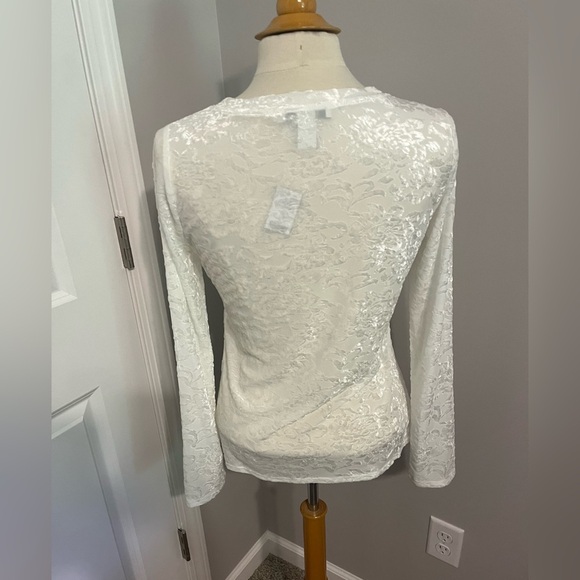 WHBM White Scoop Neck Velvet Burnout Long Sleeve Shirt NWT Sz S - Picture 2 of 6